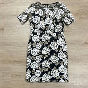 Adrianna Papell Black and White Floral Midi Dress with Gold Details